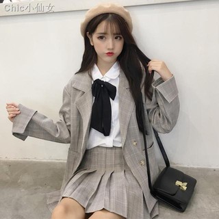 Bộ Áo Khoác Vest + Chân Váy Ca Rô Xinh Xắn Dành Cho Nữ