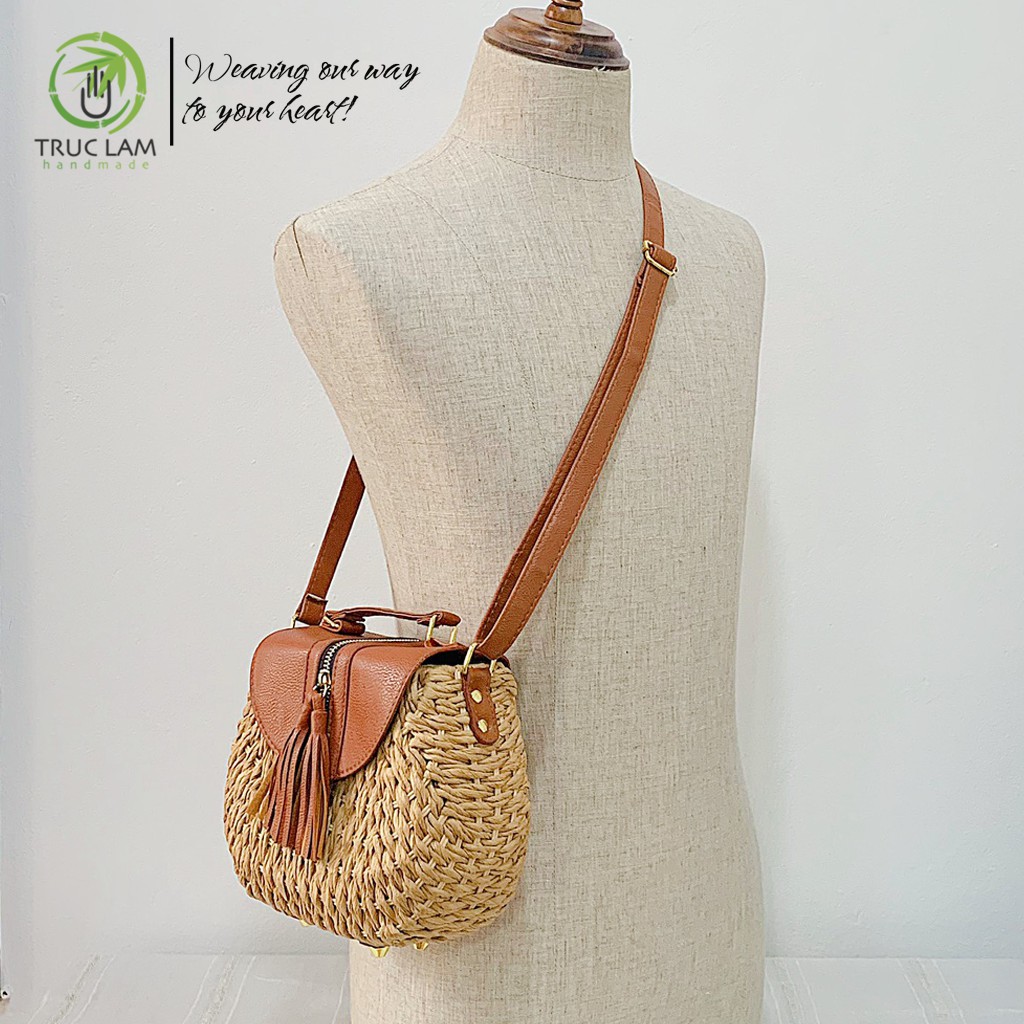 Túi Cói Đeo Chéo Thời Trang Nữ Hình Hộp Nắp Da Thật – Trúc Lâm Handmade