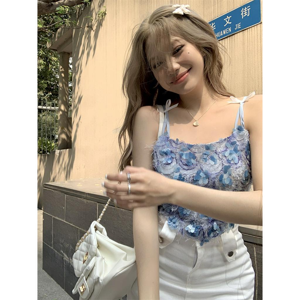 Porozi Áo croptop Hai Dây Dáng Ôm Thắt Nơ Đính Kim Sa Lấp Lánh Thời Trang Cho Bạn Gái