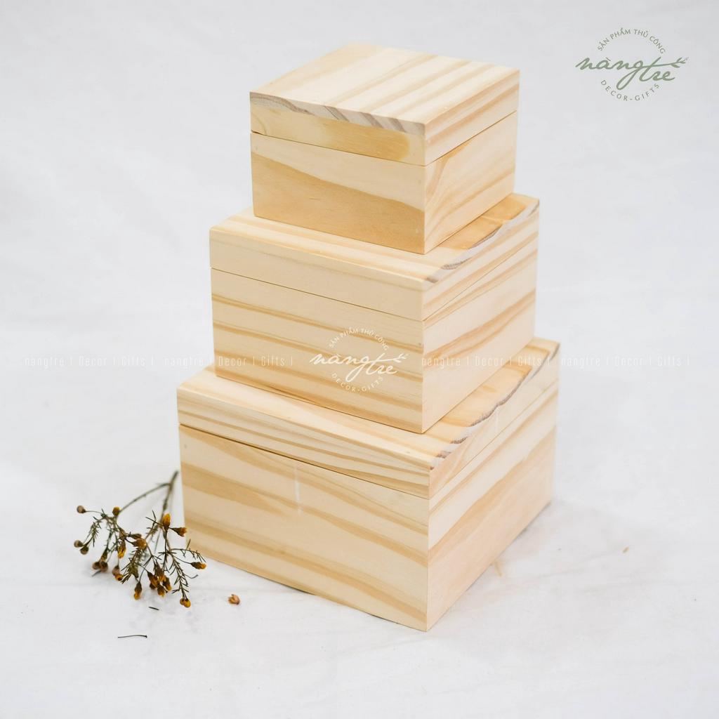 Hộp gỗ vuông nắp đậy, square wooden box