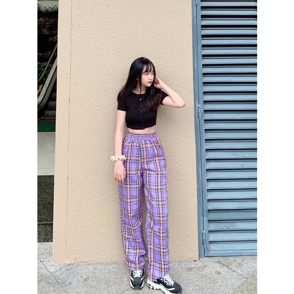 Quần caro ống rộng unisex 16 màu lưng thun