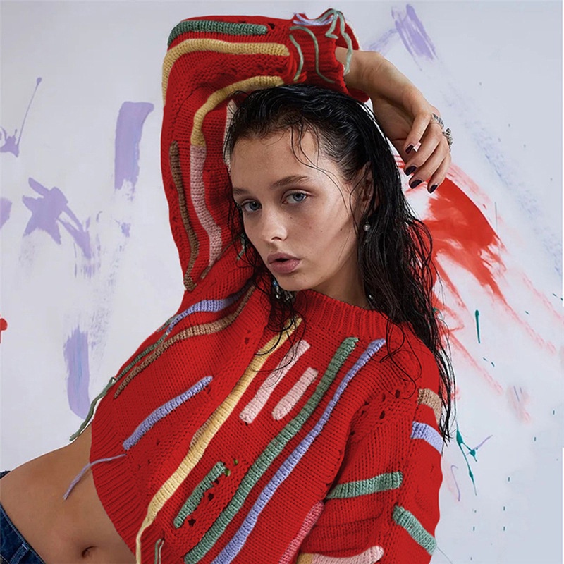 DUNEA Áo Sweater Dệt Kim Cổ Tròn Tay Dài Phối Tua Rua Nhiều Màu Sắc Xinh Xắn Cho Nữ