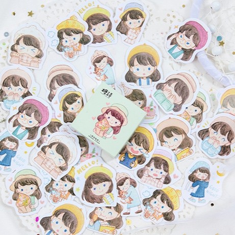 Hộp 45 miếng sticker mẫu cô bé đội nón