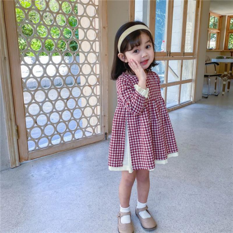 Đầm Dài Tay Giả Hai Lớp Họa Tiết Ca Rô Cho Bé