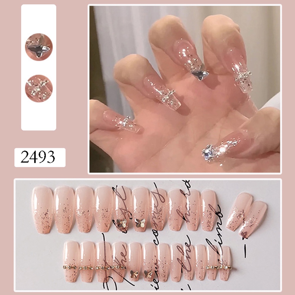 Bộ 24 móng tay giả ngắn đính hạt phong cách Pháp