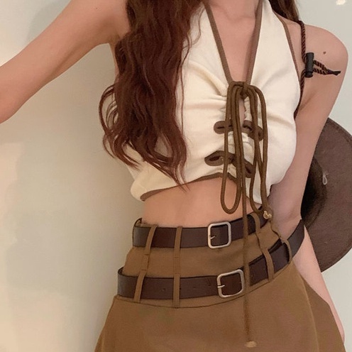 Áo Hai Dây Cổ Yếm Dáng Ngắn 2022 Thời Trang Mùa Hè Quyến Rũ Cho Nữ