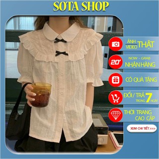 Áo sơ mi nữ cộc tay đính nơ viền beof - Áo babydoll trắng viền bèo tiểu thư siêu xinh
