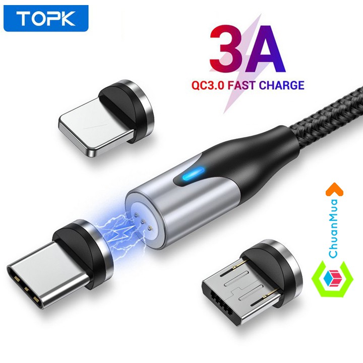 Dây Cáp Sạc Nam Châm Nhanh 3A TOPK (Sạc nhanh, Sạc Từ Tính, Xoay 360, Dây sạc điện thoại