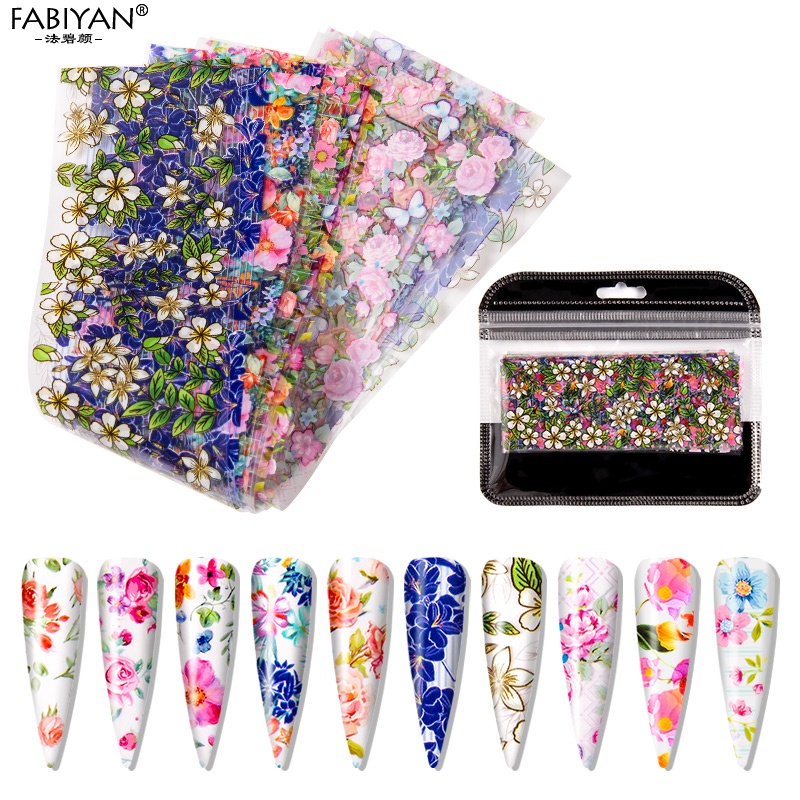 Bộ 10/15 tờ nhãn dán FABIYAN họa tiết hoa để trang trí thiết kế móng gel UV nghệ thuật