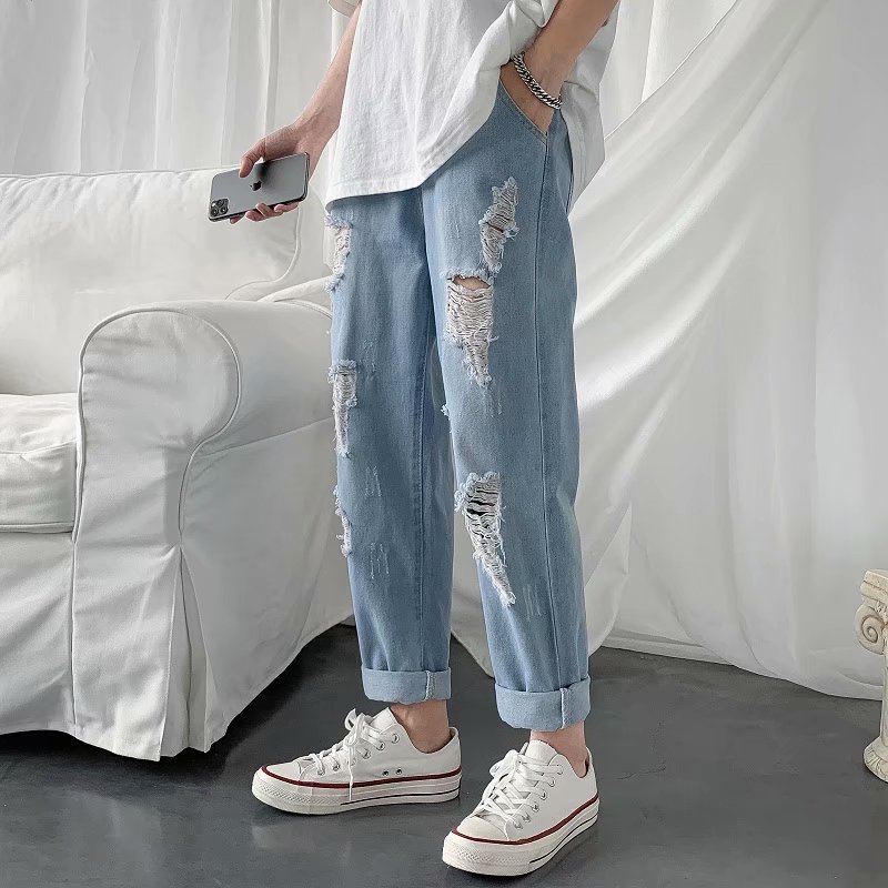 Quần Jeans Lưng Thun Co Giãn Ống Rộng Phối Rách Size Lớn M-5Xl