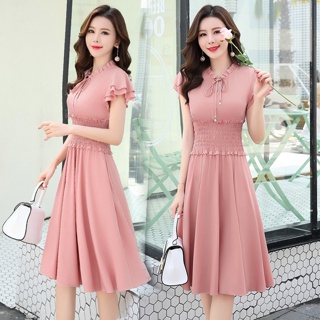ĐẦM THUN CAO CẤP NHÚN EO CỔ THẮT NƠ SIÊU HOT MÀU HỒNG VÀ ĐEN ĐỦ SIZE - 366