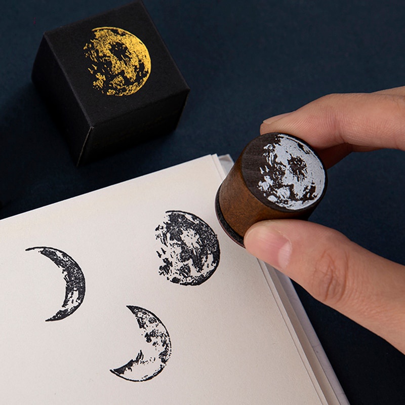 Con dấu làm bằng gỗ và cao su họa tiết mặt trăng cổ điển trang trí sổ tay diy