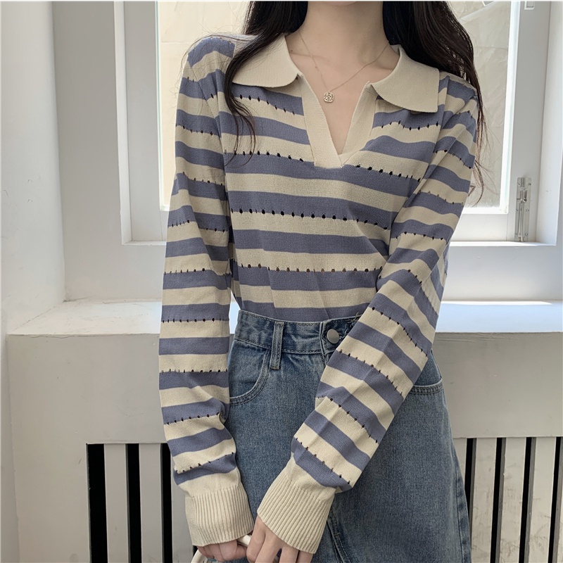 Áo dệt kim ZHELIHANGFEI tay dài cổ bẻ dáng ôm họa tiết kẻ sọc thời trang cho nữ