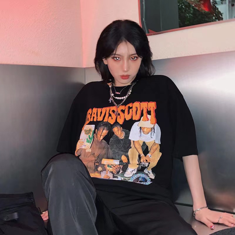 Áo thun tay ngắn dáng rộng in họa tiết phong cách hip hop cá tính thời trang dành cho các cặp đôi