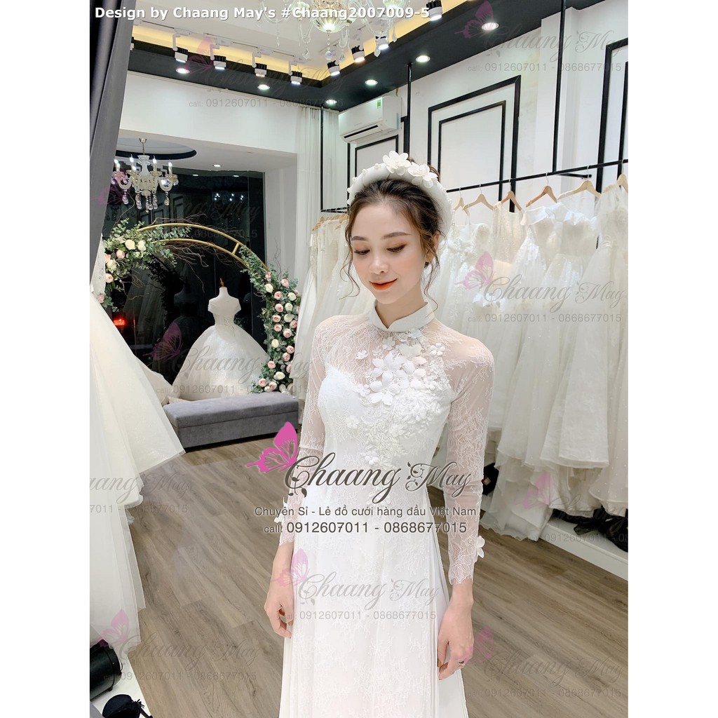 Áo dài trắng cô dâu_Chaang_May áo dài cưới ren mi, đính hoa nổi và hạt pha lê ADC201