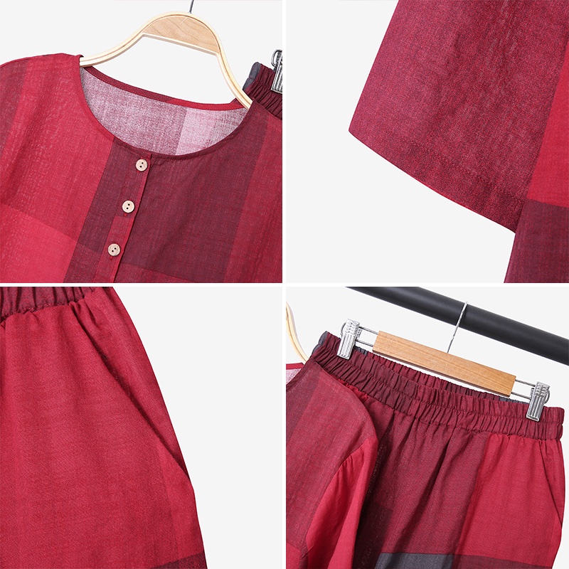 Bộ đồ ZANZEA áo tay 3/4 cổ tròn in họa tiết kẻ sọc caro quần phối túi thời trang thường ngày cho nữ