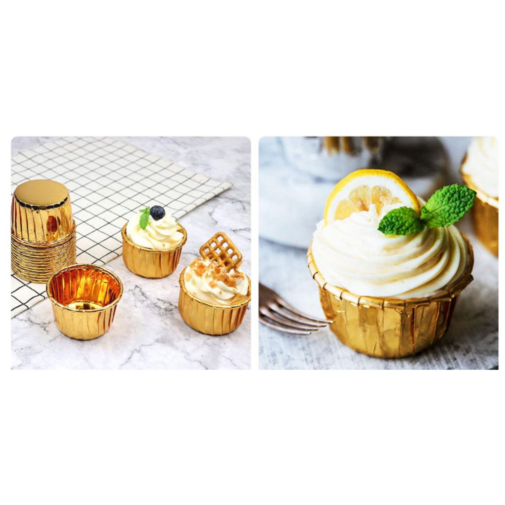 50 cái cốc viền cupcake nhôm màu vàng bạc dùng để đựng bánh cupcake mini