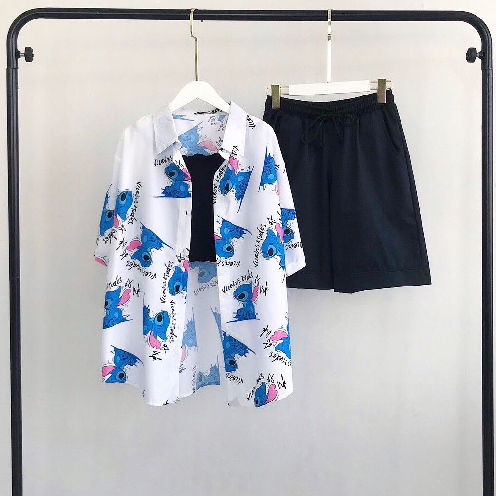 Áo Sơ Mi Họa Tiết Hoạt Hình Tay Lỡ Dáng Rộng Ulzzang Unisex, Sơ Mi Đi Biển - MM