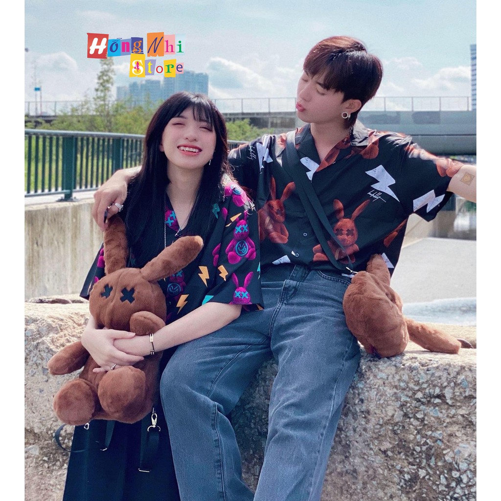 Áo sơ mi hoạ tiết tay lỡ dáng rộng, sơ mi hoa đi biển, sơ mi đen hình thỏ tay lửng unisex - mm | BigBuy360 - bigbuy360.vn