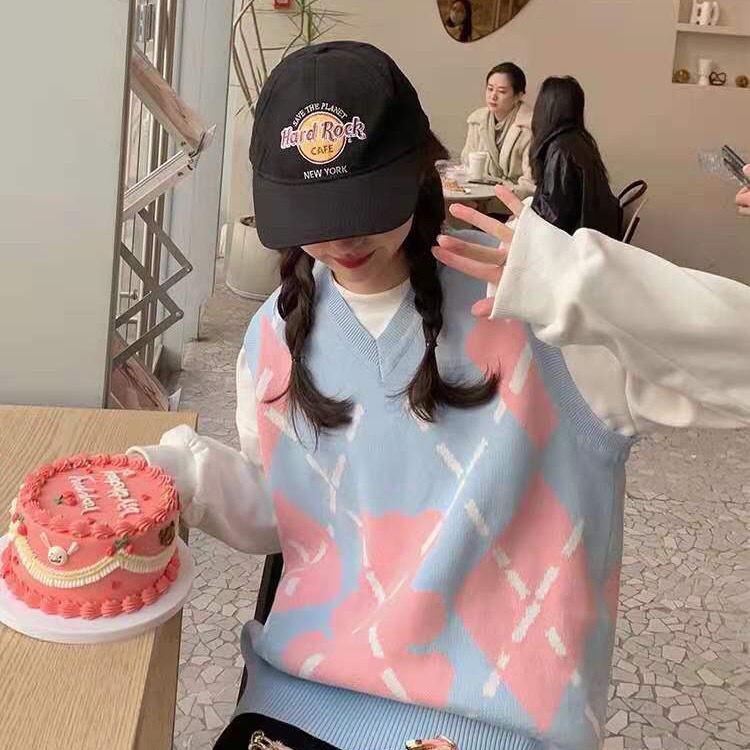 Áo Gile Len Nữ Ulzzang Hàn Quốc, Gile Len Quảng Châu Họa Tiết Gấu Phối Màu Hồng Xanh Gấu
