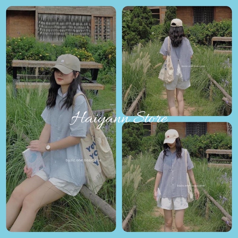 ( Hot trend ) Set quần áo nữ gồm áo sơ mi kẻ sọc xanh kèm quần short trắng Haiyann Store