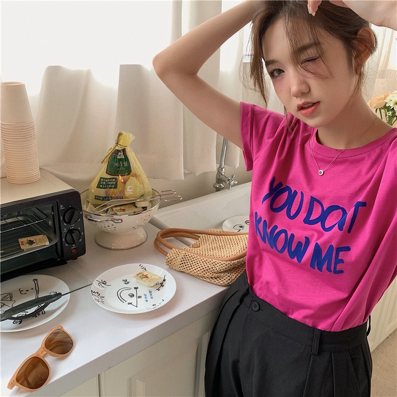 Áo Thun cotton Tay Ngắn Cổ Tròn In Chữ Phong Cách Hàn Quốc Thời Trang Cho Nữ