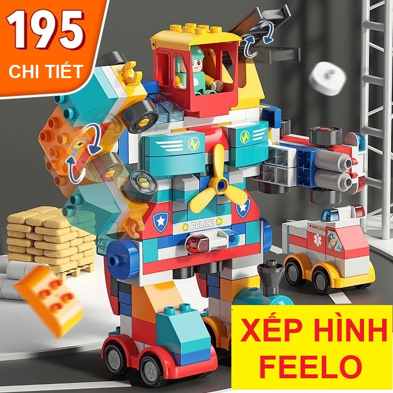 Đồ chơi xếp hình cho bé Lego Robot biến hình chính hãng Feelo - Bộ Lego Duplo xe robot 195CT, quà tặng sinh nhật cho bé