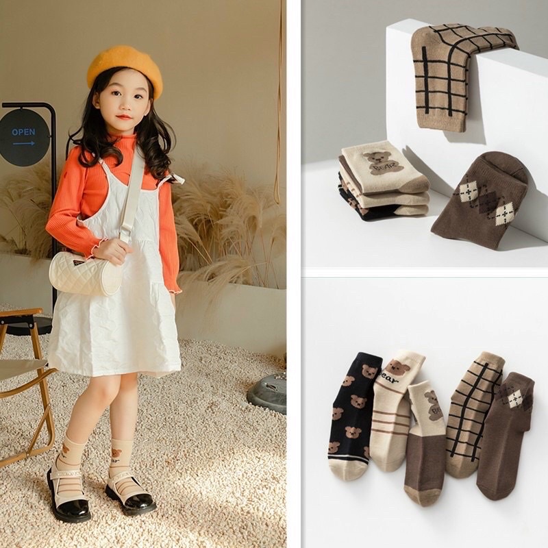 Set 5 Đôi Vớ Sọc Ca Rô / Hình Gấu Nâu Hoạt Hình Cho Bé Từ 1-12 Tuổi