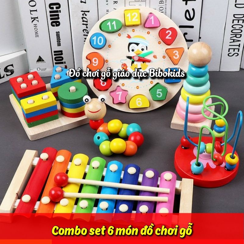Combo 6 món đồ chơi gỗ giáo dục cho bé phát triển tư duy trí thông minh