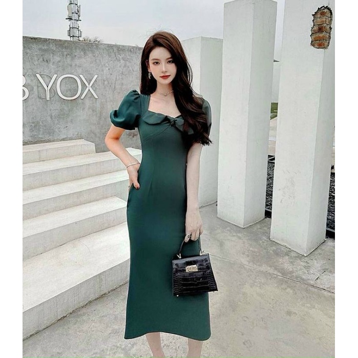 Đầm xoè tay phồng cổ vuông đính nơ xinh Lh0917399527