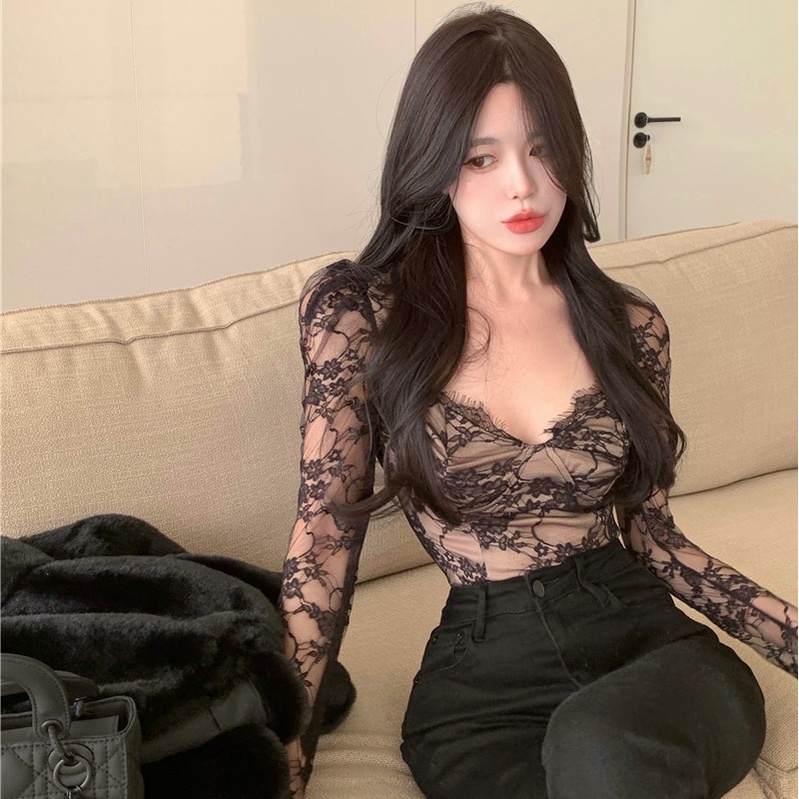 Áo Thun Tay Dài Phối Ren Lưới Thời Trang Mùa Thu