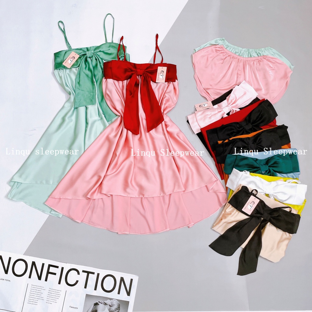Váy ngủ sexy - Váy ngủ sexy lụa satin cột nơ trước ngực dễ thương Freesize dưới 60kg