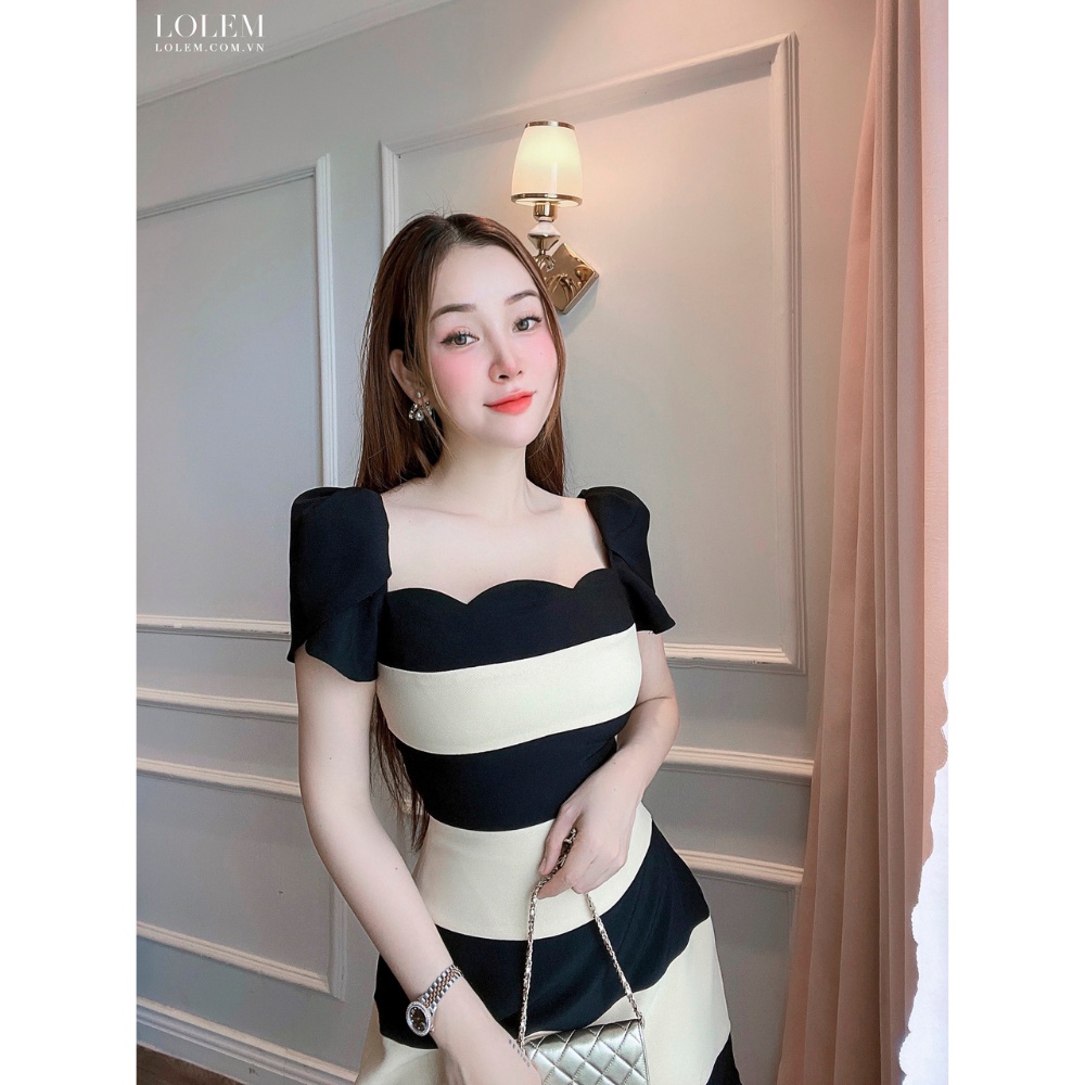 Đầm xòe chữ A vải gạo Mỹ lai lượn sóng kết hợp tay cánh tiên bồng LOLEM DX315