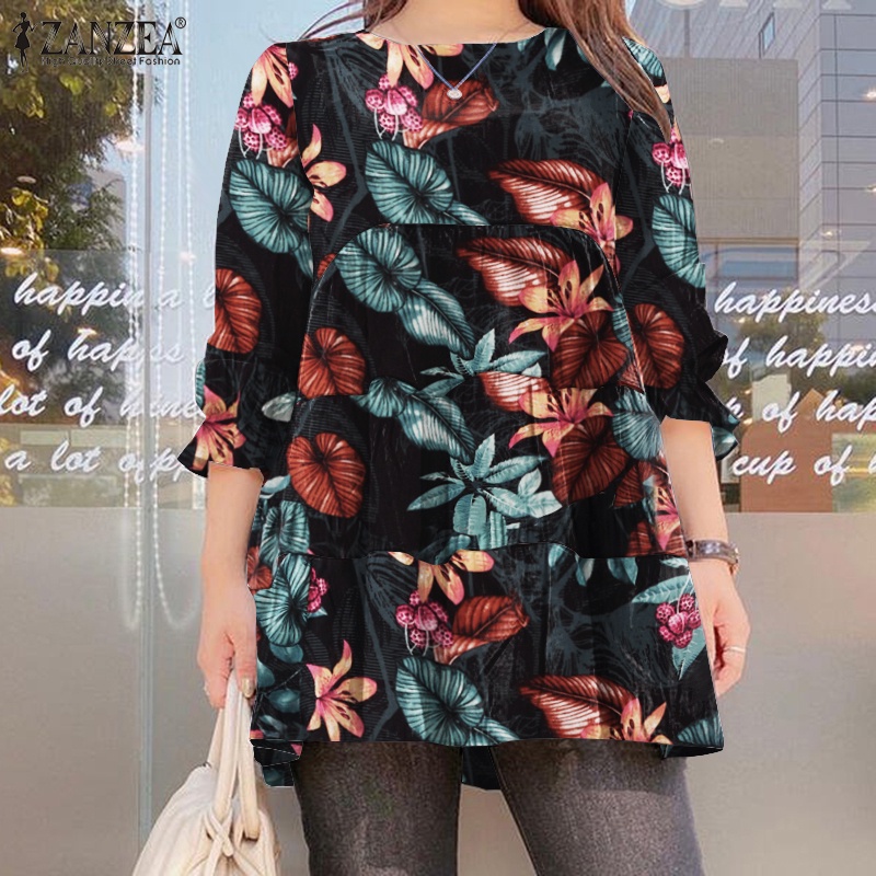 Áo kiểu ZANZEA dáng rộng tay dài cổ tròn lai nhún nếp in họa tiết đơn giản thời trang cho nữ