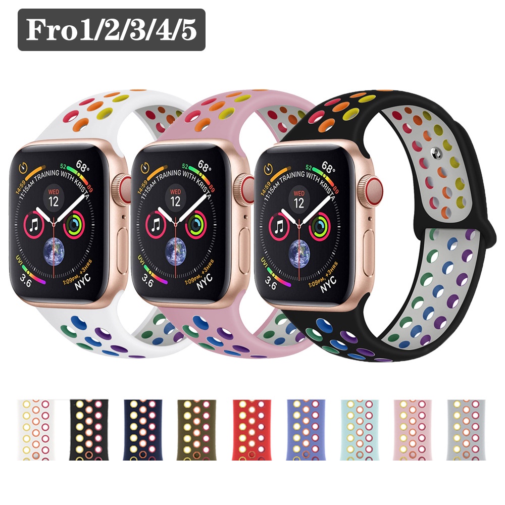 Cầu vồng đầy màu sắc - Dây đeo silicon thoáng khí cho Apple Watch Dây đeo 41mm 45mm 44mm 40mm 42mm 38mm cho Iwatch Series 7 SE 6/5/4/3 Phụ kiện dây đeo đồng hồ Vòng đeo tay đồng hồ thông minh t500 pro t55 w34 x7 d20