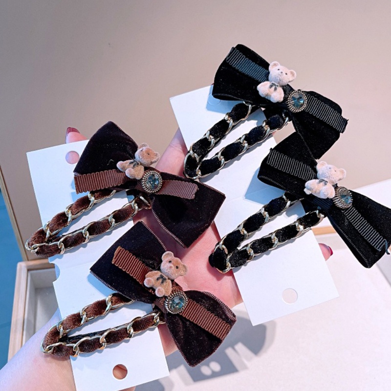 Kẹp Tóc Hình Gấu Phối Chuỗi Xích Bằng Nhung Handmade Chống Trượt Thời Trang