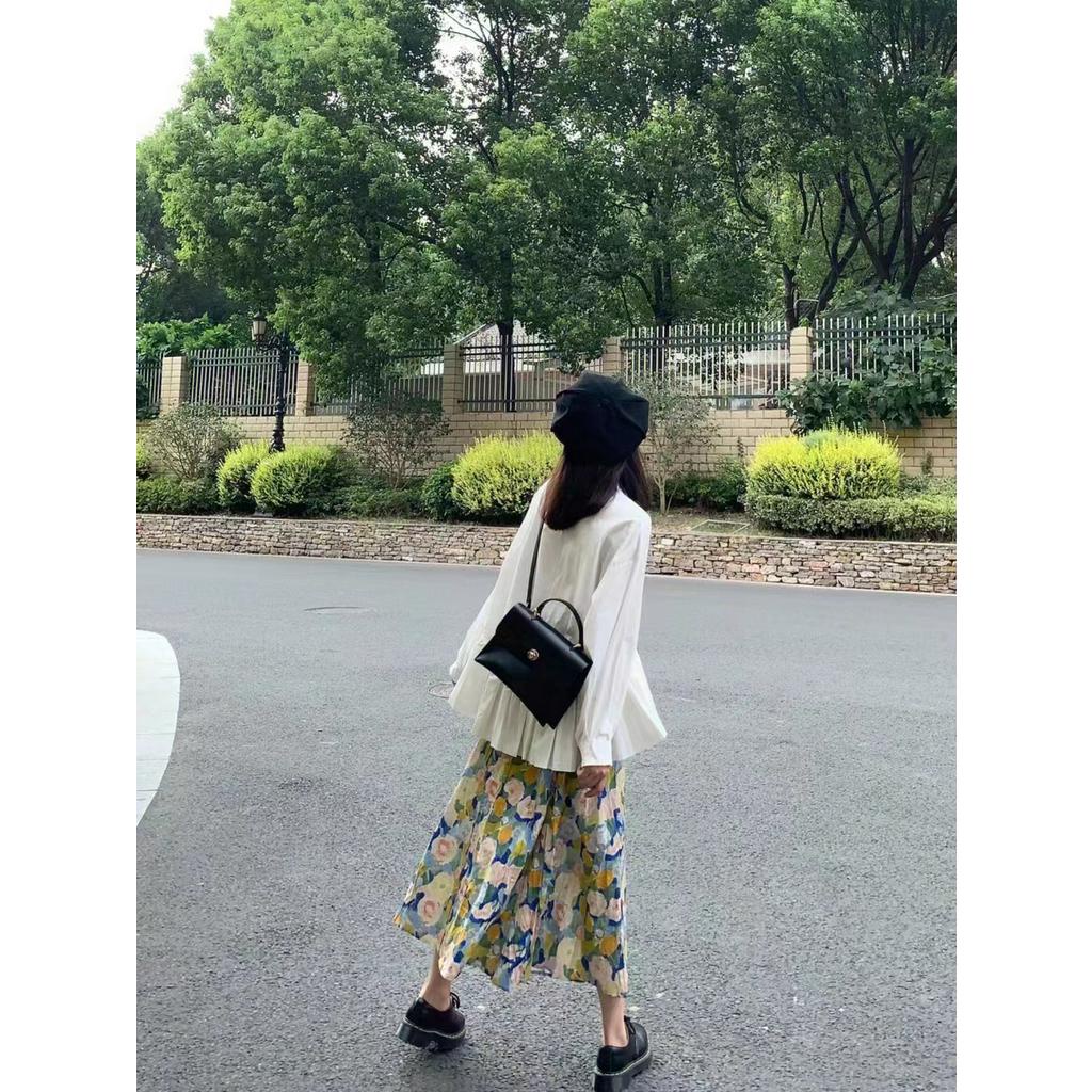 Áo Sơ Mi Dáng Rộng Dài Tay / Chân Váy Hoa Xếp Ly Thời Trang Sành Điệu 610