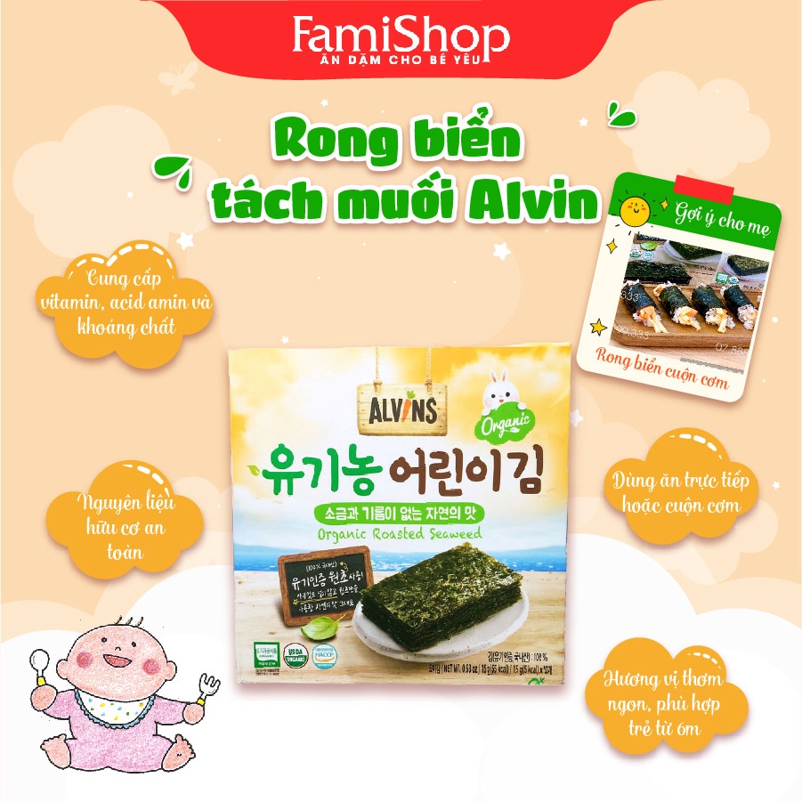 FamiShop-Lẻ 1 gói rong biển HỮU CƠ TÁCH MUỐI  ALVINS 1,5Gr- Thơm ngon phù hợp với trẻ trên 6 tháng