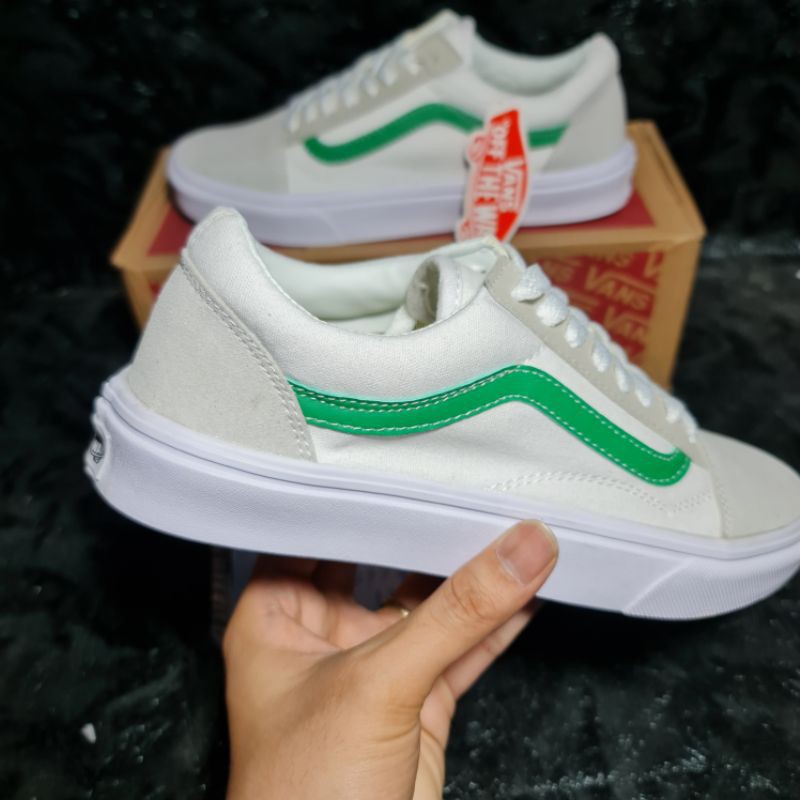 [Ảnh Thật + Video] Giày Vans Old Skool White Green || Giày Vans Old Skool Trắng Sọc Xanh Lá