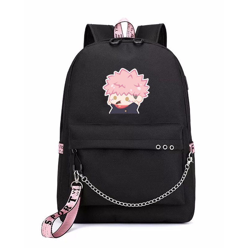 Balo thông minh đen hồng in hình JUJUTSU KAISEN VER TẬP THỂ DỤC chibi anime cặp sách đi học