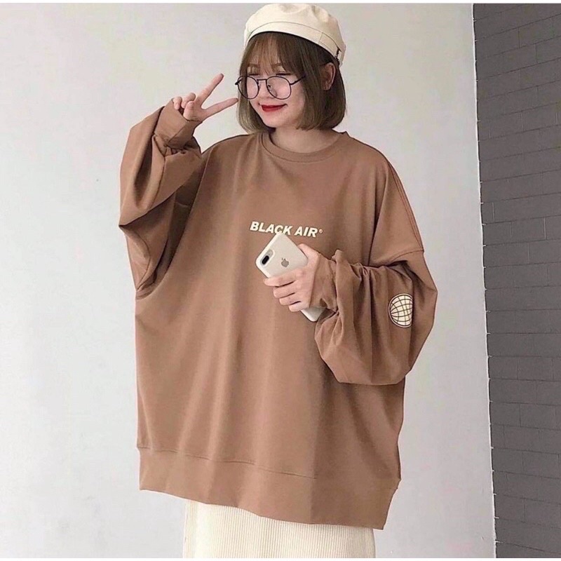 Áo nỉ sweater trần bông màu nâu tay bồng trẻ trung kèm ảnh thật Nhungkudo