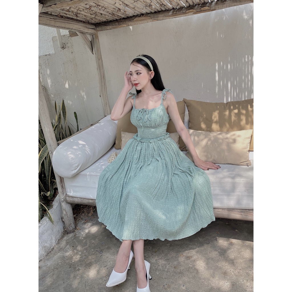 Đầm Maxi dáng xòe Nữ Đi Chơi Thiết Kế 2 Dây Nơ Bên Vai Xinh Xắn