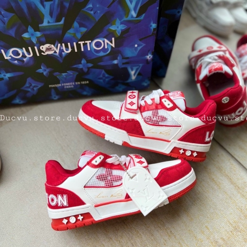 GIÀY LV SNEAKER TRAINERS LOW WHITE RED DA THẬT [ FULL BOX + FREE SHIP ]