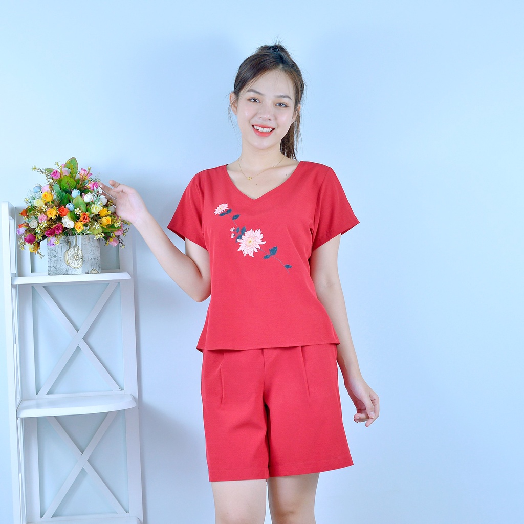 Bộ đồ nữ  MÀU ĐỎ CỔ TIM IN HOA  - vải lụa cao cấp - Cực Kì Sang Chảnh