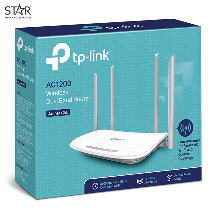 Bộ phát Wifi Router Wi-Fi Băng Tần Kép AC1200 - TP-Link Archer C50 _ Hàng chính hãng bảo hành 24 tháng