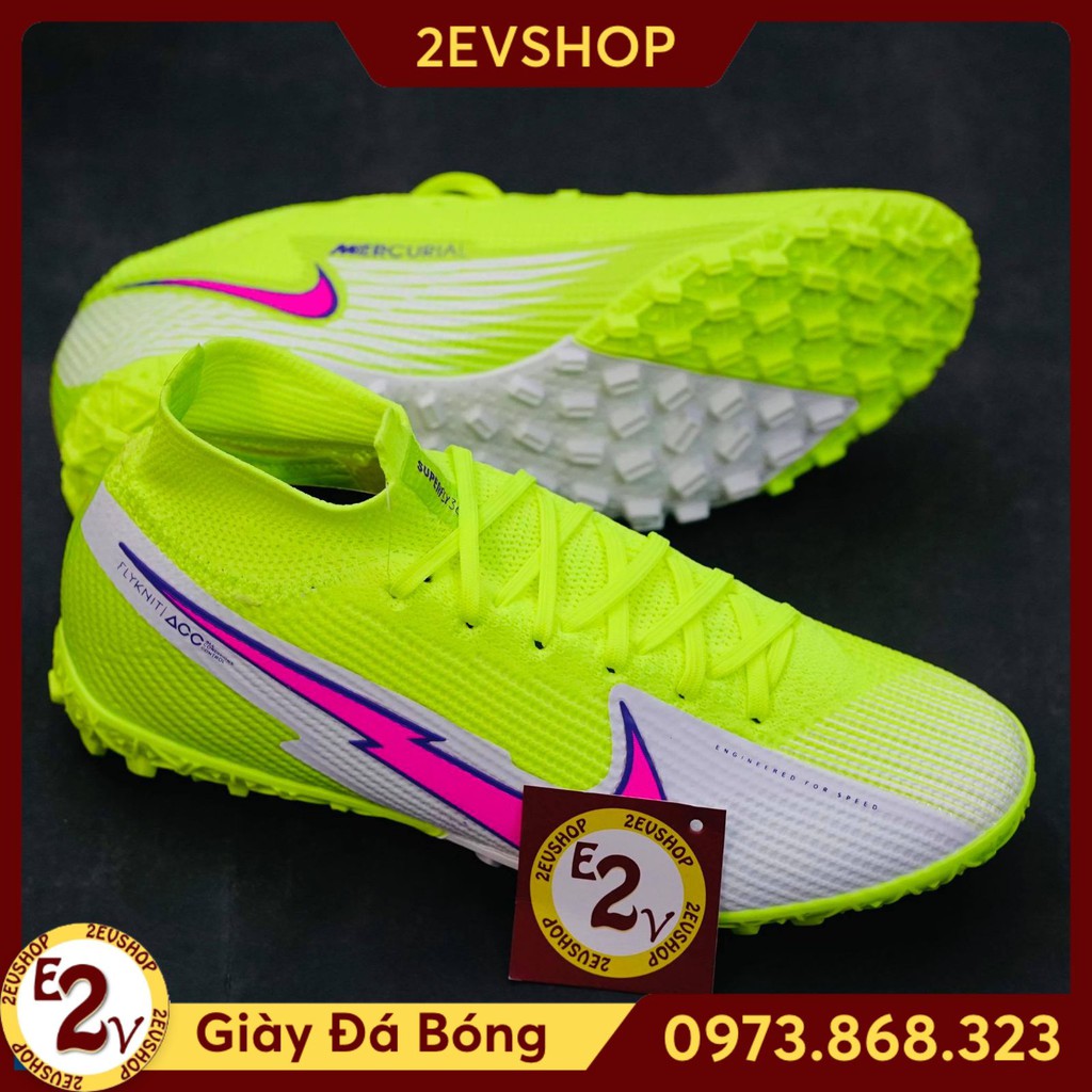 NEW CH [FreeShip] [Tặng Tất/Túi] Giày Đá Bóng 𝗧𝗙 𝗡𝗶𝗸𝗲 𝗠𝗲𝗿𝗰𝘂𝗿𝗶𝗮𝗹 𝟭𝟰 Trắng Xanh Chuối Cao Cổ Đã Khâu