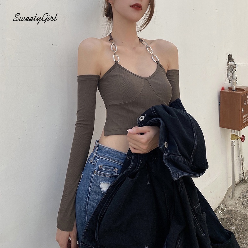 Áo croptop trễ vai tay dài hở lưng màu trơn thời trang cho nữ