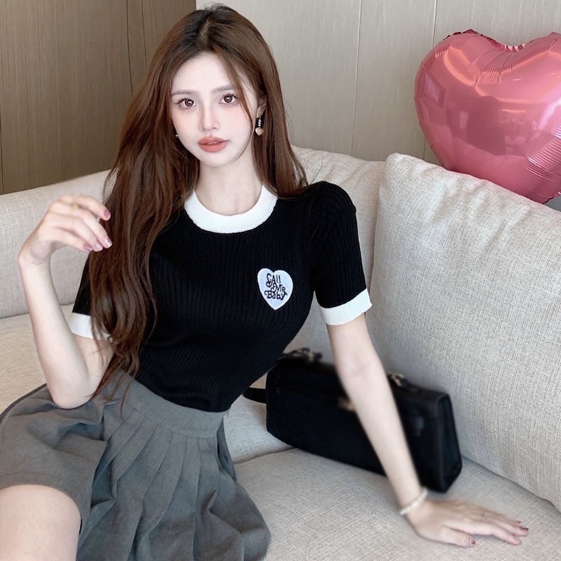 Áo Thun Dệt Kim Tay Ngắn Cổ Tròn Thêu Khối Màu Sắc Retro Hàn Quốc Dành Cho Bạn Nữ