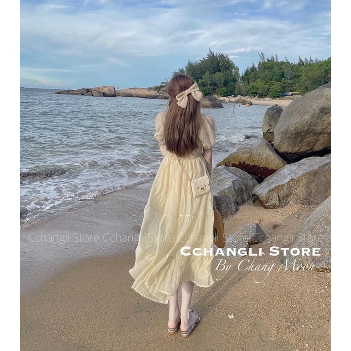 [ 𝐅𝐑𝐄𝐄 𝐒𝐇𝐈𝐏 ] VÁY MAXI CỔ V CHUN NGỰC XÒE TẦNG SIÊU XINH VẢI ĐŨI TƠ SỌC NHĂN QC