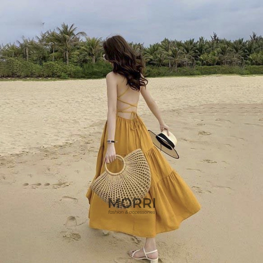 Đầm Đi Biển - Váy Đầm Maxi Dài Dáng Xòe Hai Dây Cổ Vuông Đan Dây Thiết Kế Siêu Xinh